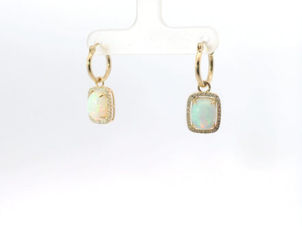 14K Yellow Gold Opal And Diamond Cabochon Drop Dangle Earrings