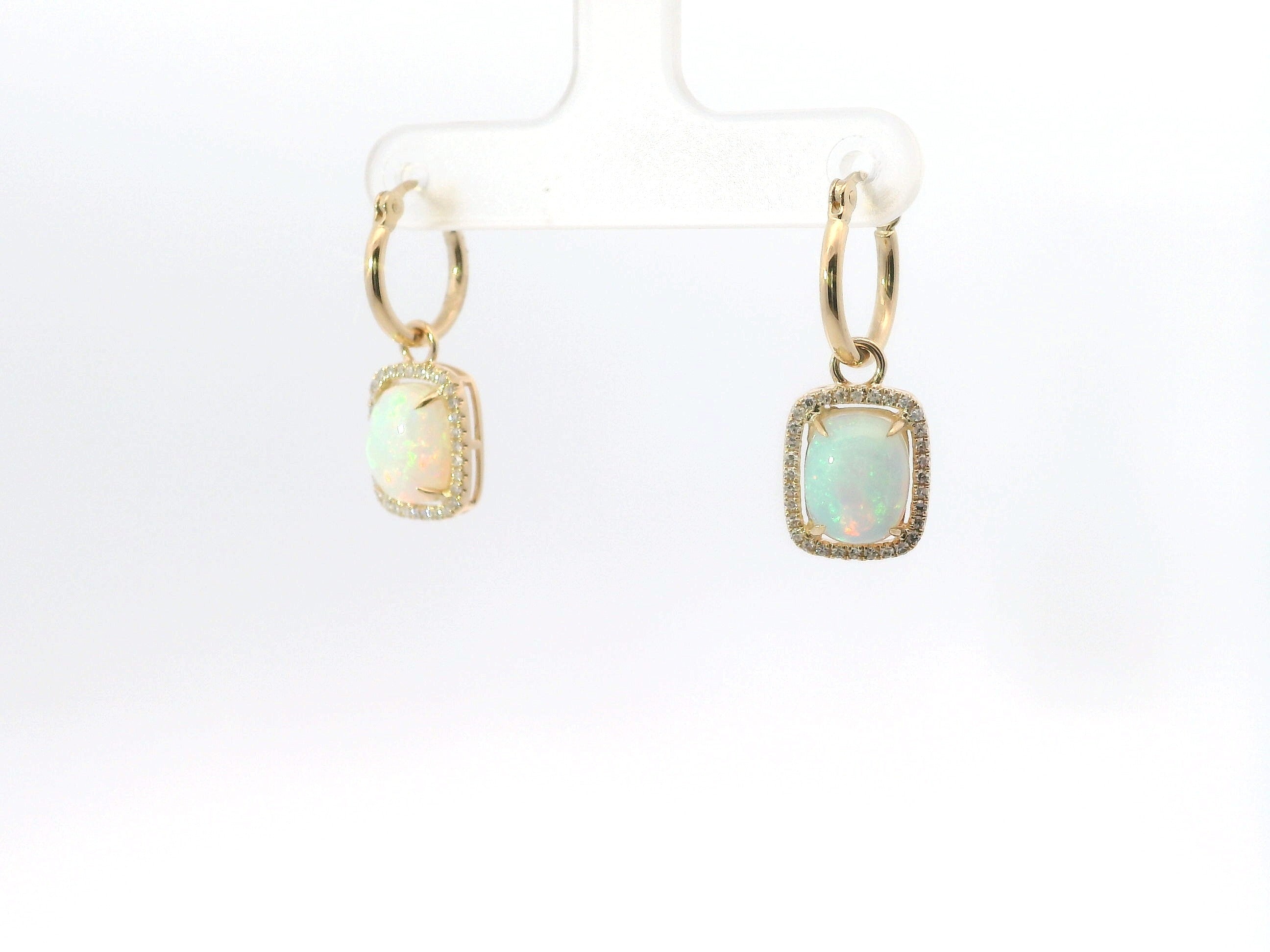 14K Yellow Gold Opal And Diamond Cabochon Drop Dangle Earrings