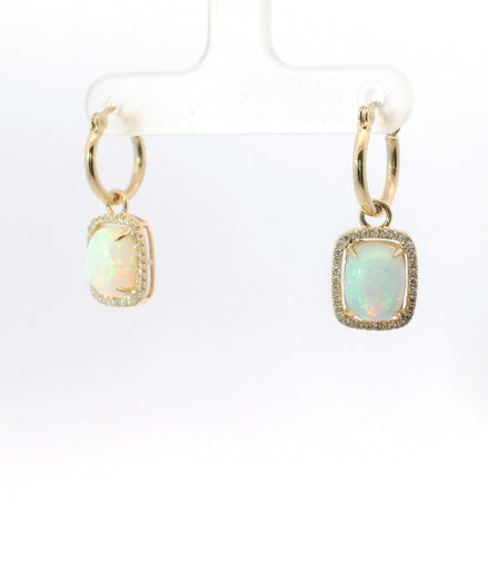 14K Yellow Gold Opal And Diamond Cabochon Drop Dangle Earrings