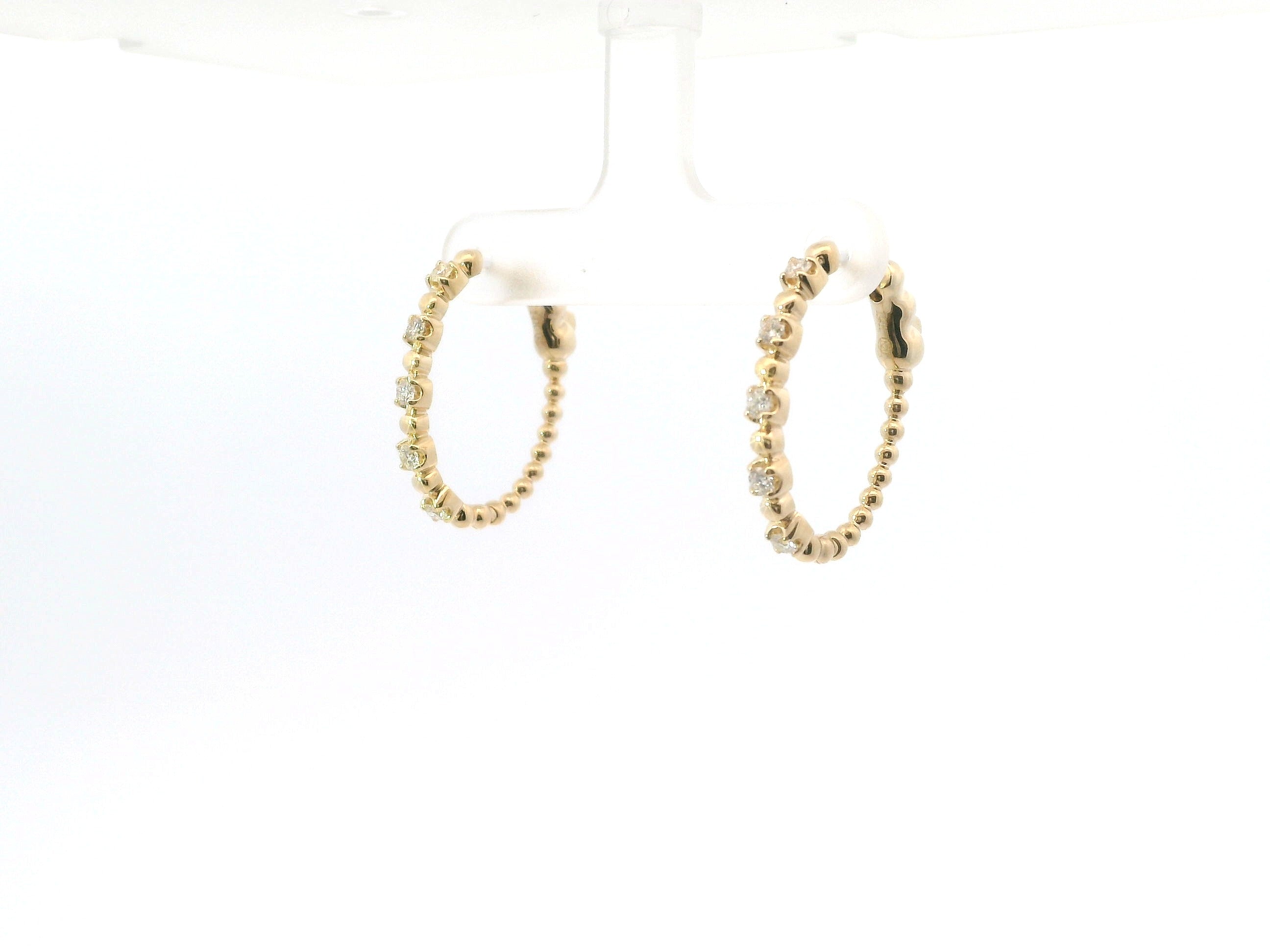 14K Yelllow Gold And 0.41 CTW Diamond Beaded Hoop Earrings