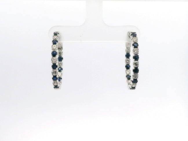 14K White Gold Sapphire And Diamond Inside/Out Hoop Earrings