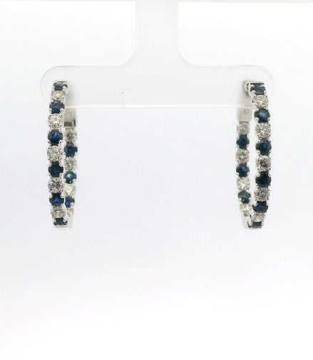 14K White Gold Sapphire And Diamond Inside/Out Hoop Earrings