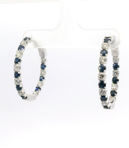14K White Gold Sapphire And Diamond Inside/Out Hoop Earrings