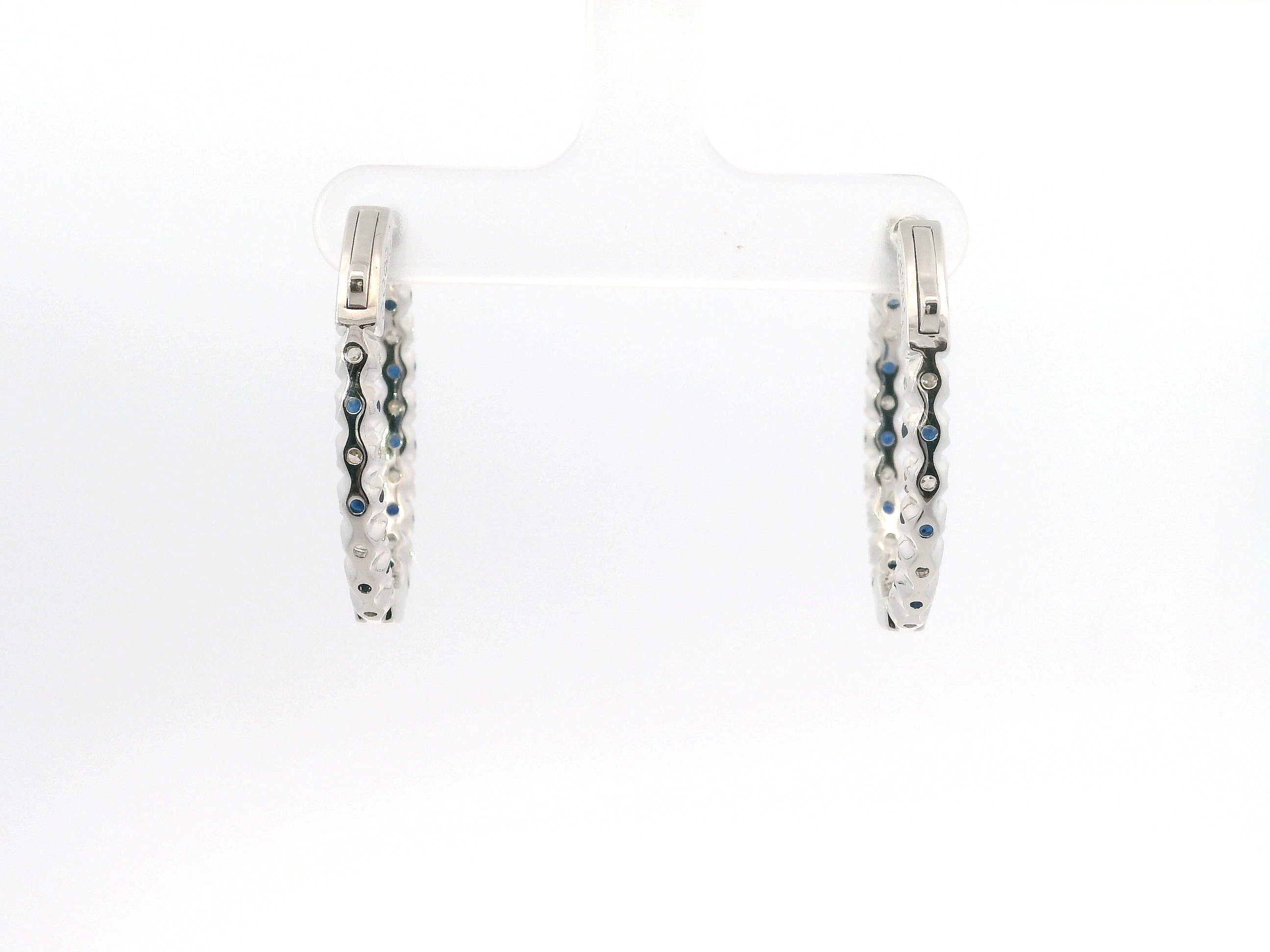 14K White Gold Sapphire And Diamond Inside/Out Hoop Earrings