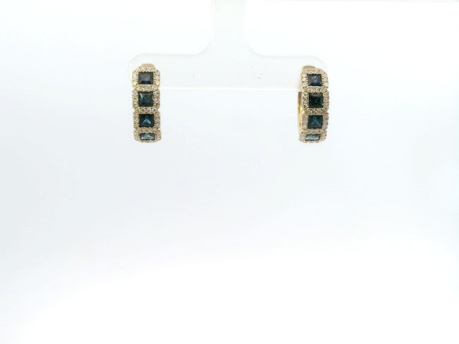 14K Yellow Gold Sapphire and Diamond Huggie Hoop Gemstone Earrings