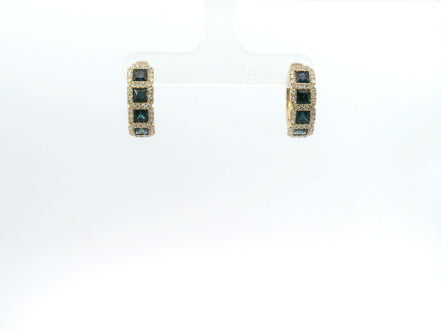 14K Yellow Gold Sapphire and Diamond Huggie Hoop Gemstone Earrings
