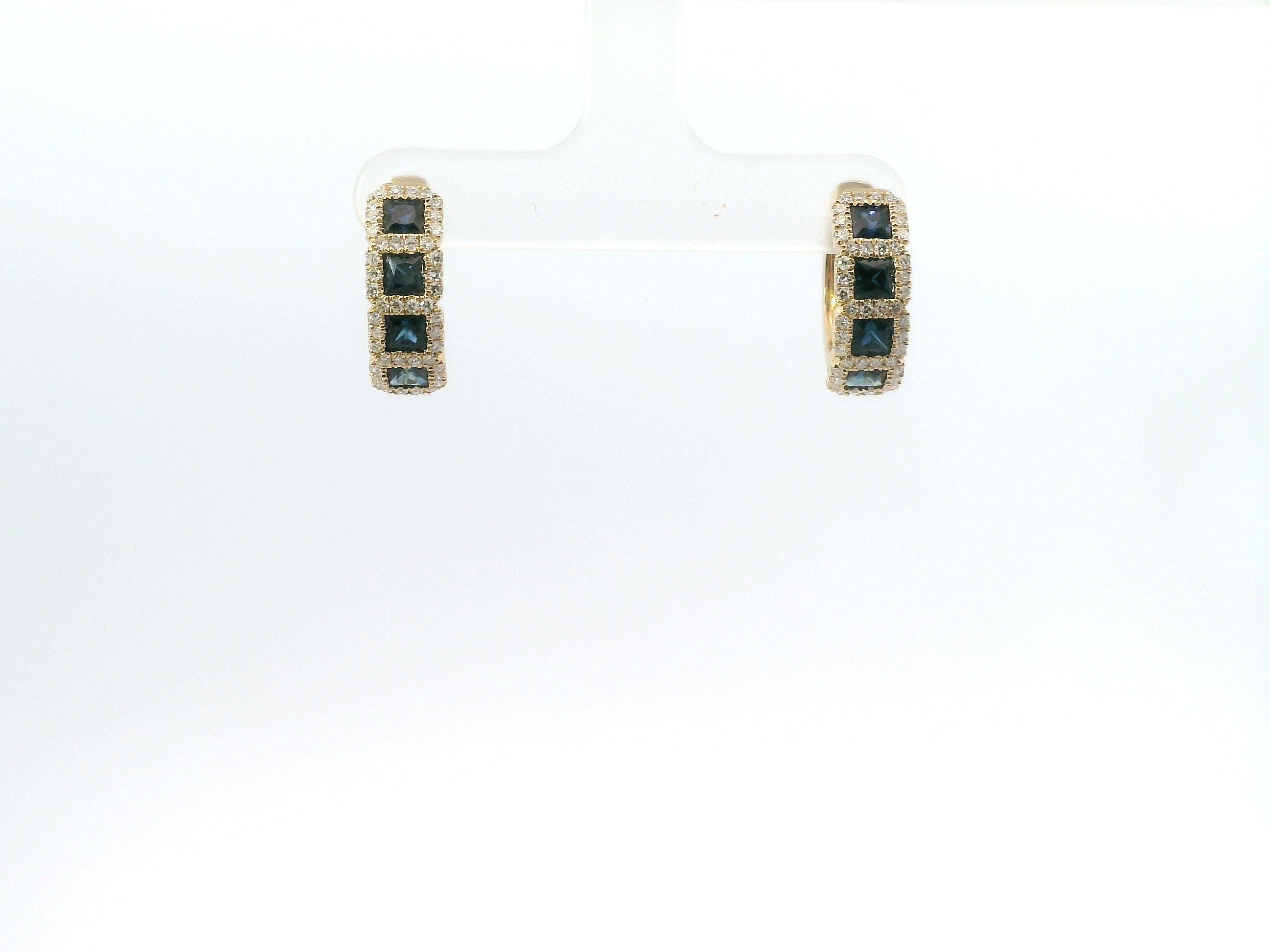 14K Yellow Gold Sapphire and Diamond Huggie Hoop Gemstone Earrings