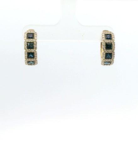 14K Yellow Gold Sapphire and Diamond Huggie Hoop Gemstone Earrings