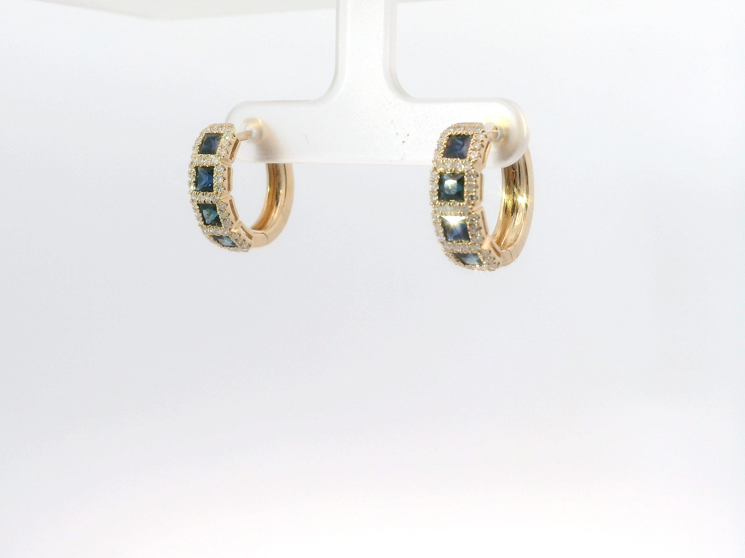 14K Yellow Gold Sapphire and Diamond Huggie Hoop Gemstone Earrings