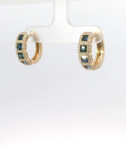 14K Yellow Gold Sapphire and Diamond Huggie Hoop Gemstone Earrings