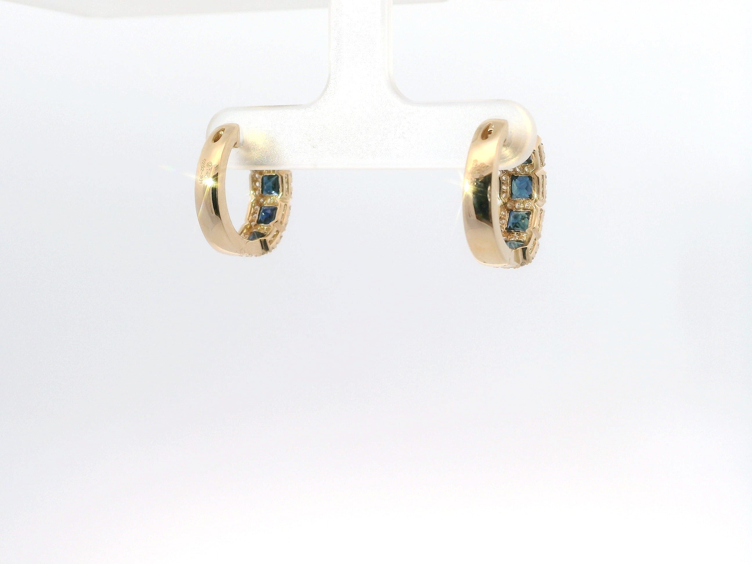 14K Yellow Gold Sapphire and Diamond Huggie Hoop Gemstone Earrings