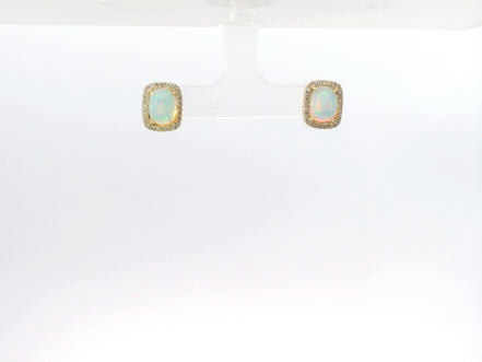 14K Yellow Gold Opal and Diamond Emerald Shaped Earrings