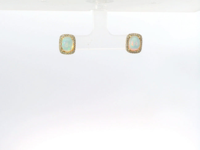 14K Yellow Gold Opal and Diamond Emerald Shaped Earrings