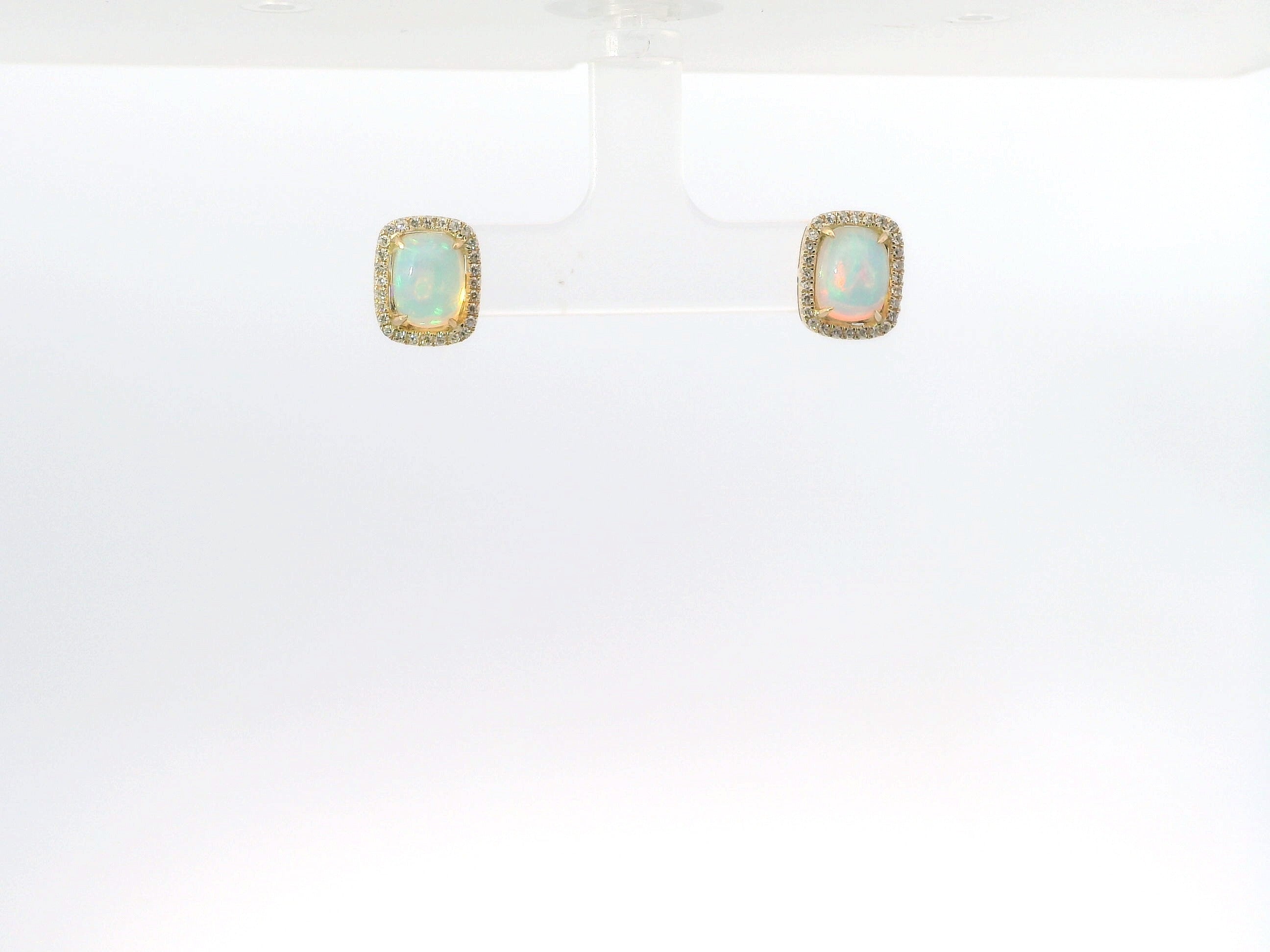 14K Yellow Gold Opal and Diamond Emerald Shaped Earrings