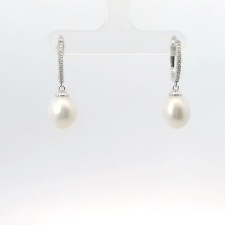 14K White Gold Diamond & Pearl Drop Dangle Earrings