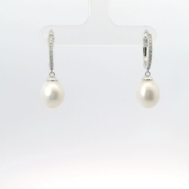14K White Gold Diamond & Pearl Drop Dangle Earrings