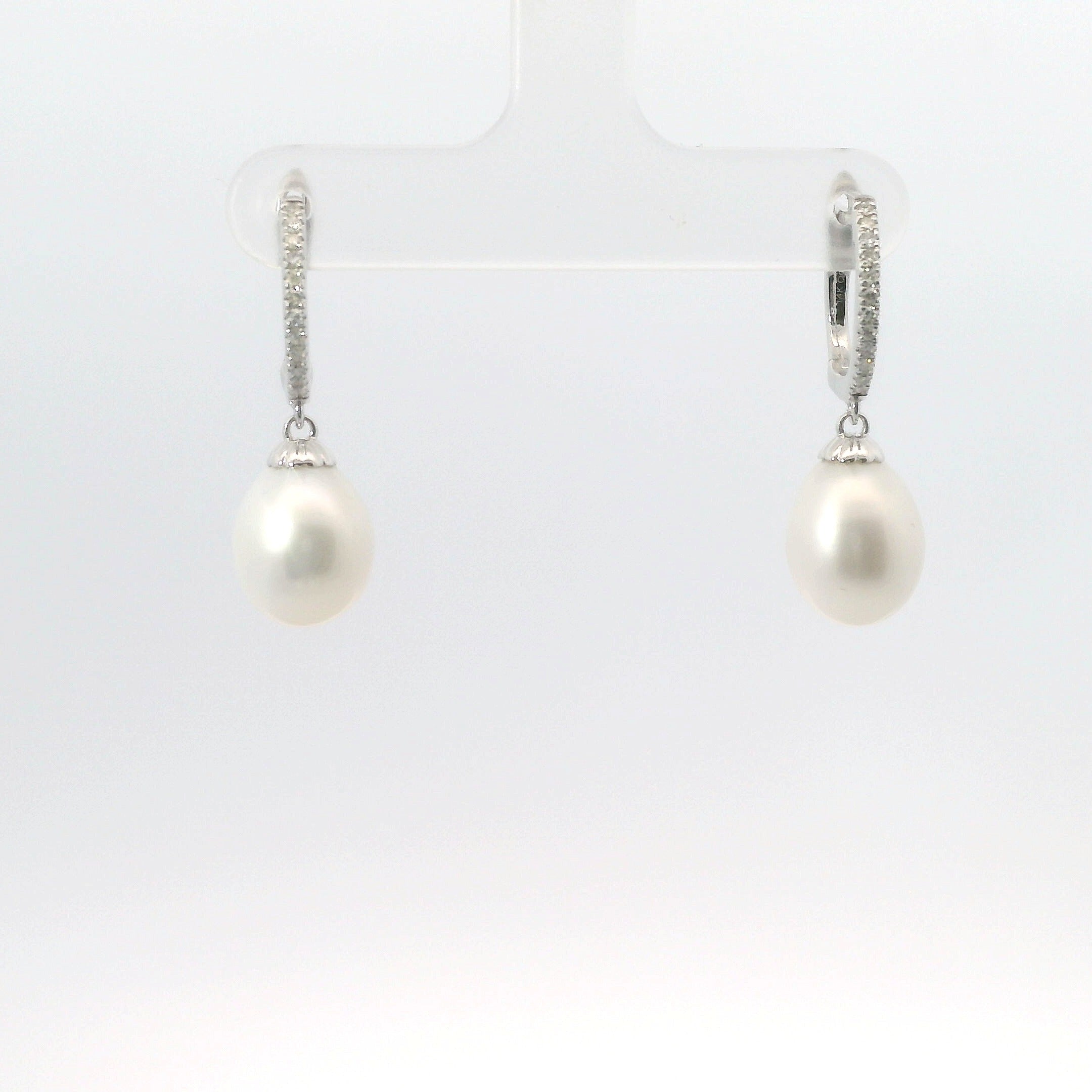 14K White Gold Diamond & Pearl Drop Dangle Earrings