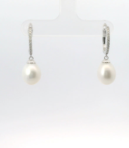 14K White Gold Diamond & Pearl Drop Dangle Earrings