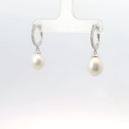 14K White Gold Diamond & Pearl Drop Dangle Earrings