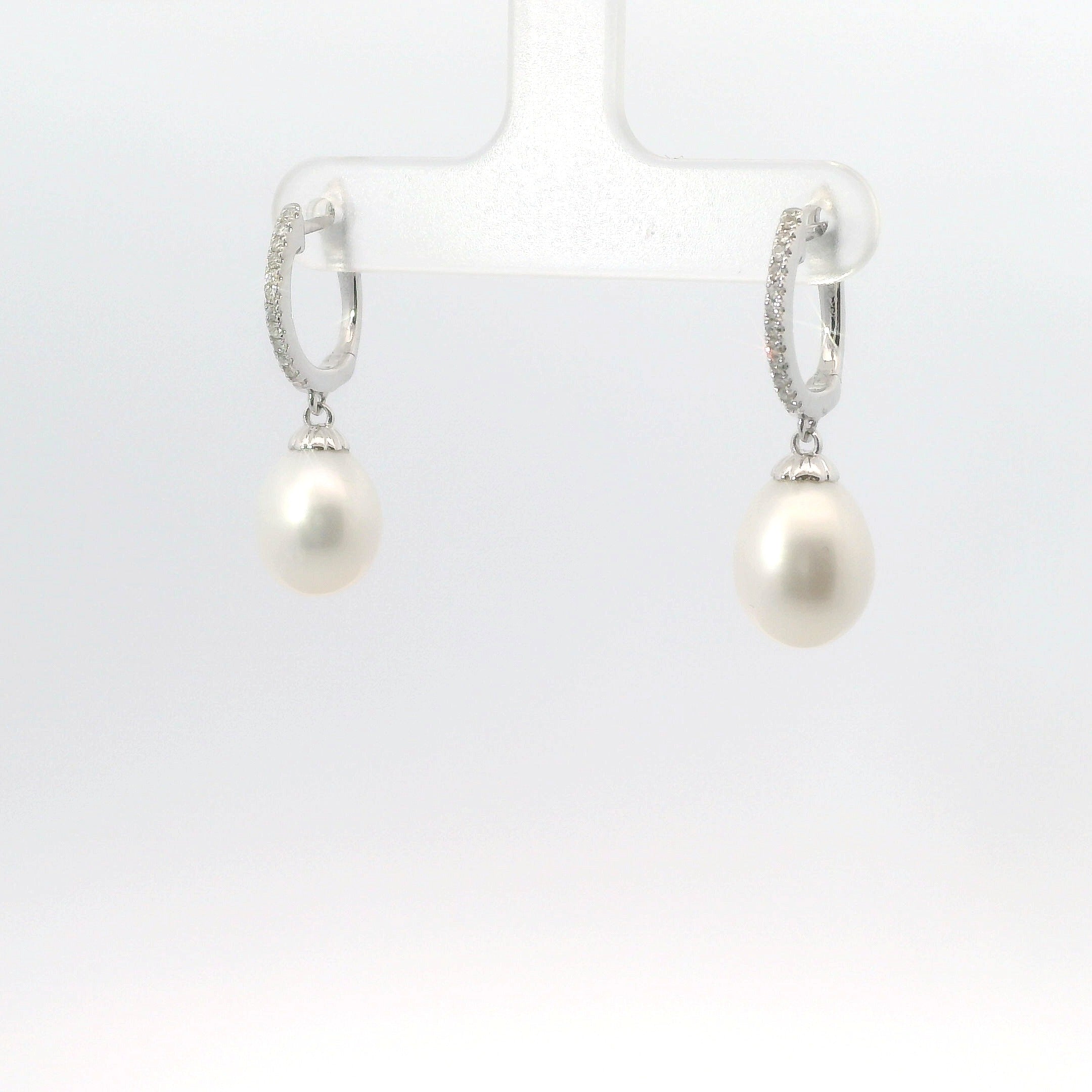 14K White Gold Diamond & Pearl Drop Dangle Earrings