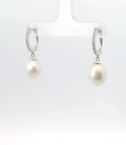14K White Gold Diamond & Pearl Drop Dangle Earrings