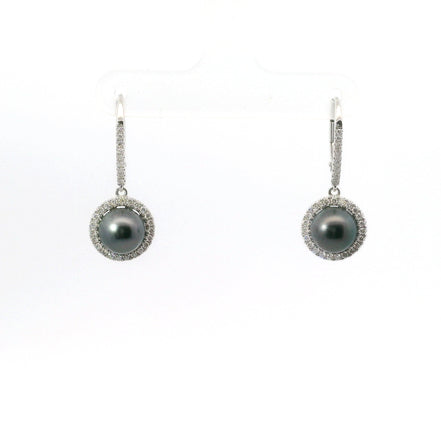 14K White Gold Diamond & 8MM Round Tahitian Pearl Drop Hoop Earrings