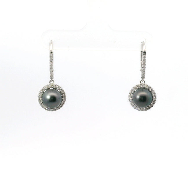 14K White Gold Diamond & 8MM Round Tahitian Pearl Drop Hoop Earrings