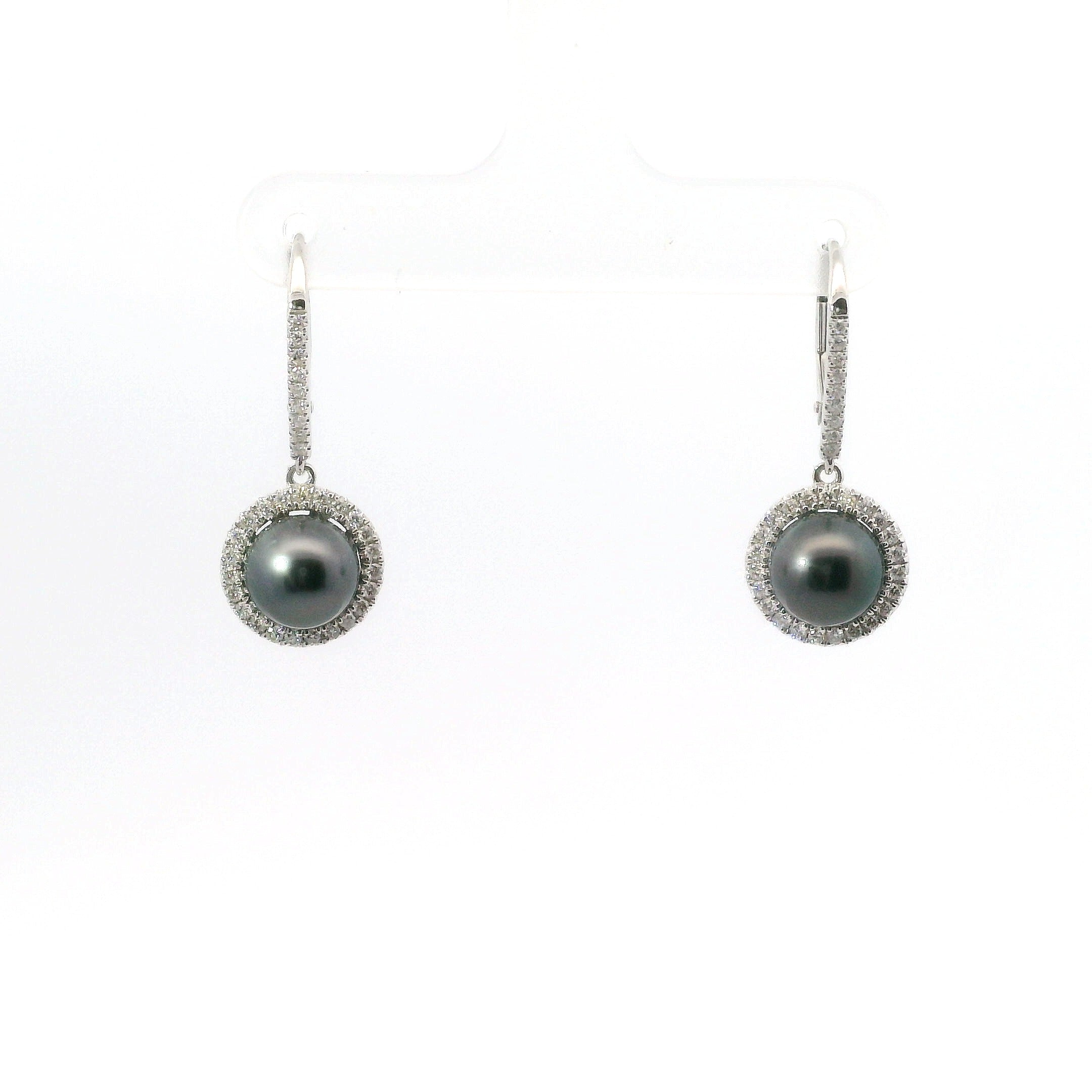 14K White Gold Diamond & 8MM Round Tahitian Pearl Drop Hoop Earrings