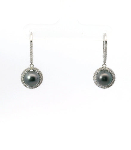 14K White Gold Diamond & 8MM Round Tahitian Pearl Drop Hoop Earrings