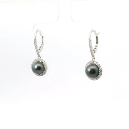 14K White Gold Diamond & 8MM Round Tahitian Pearl Drop Hoop Earrings