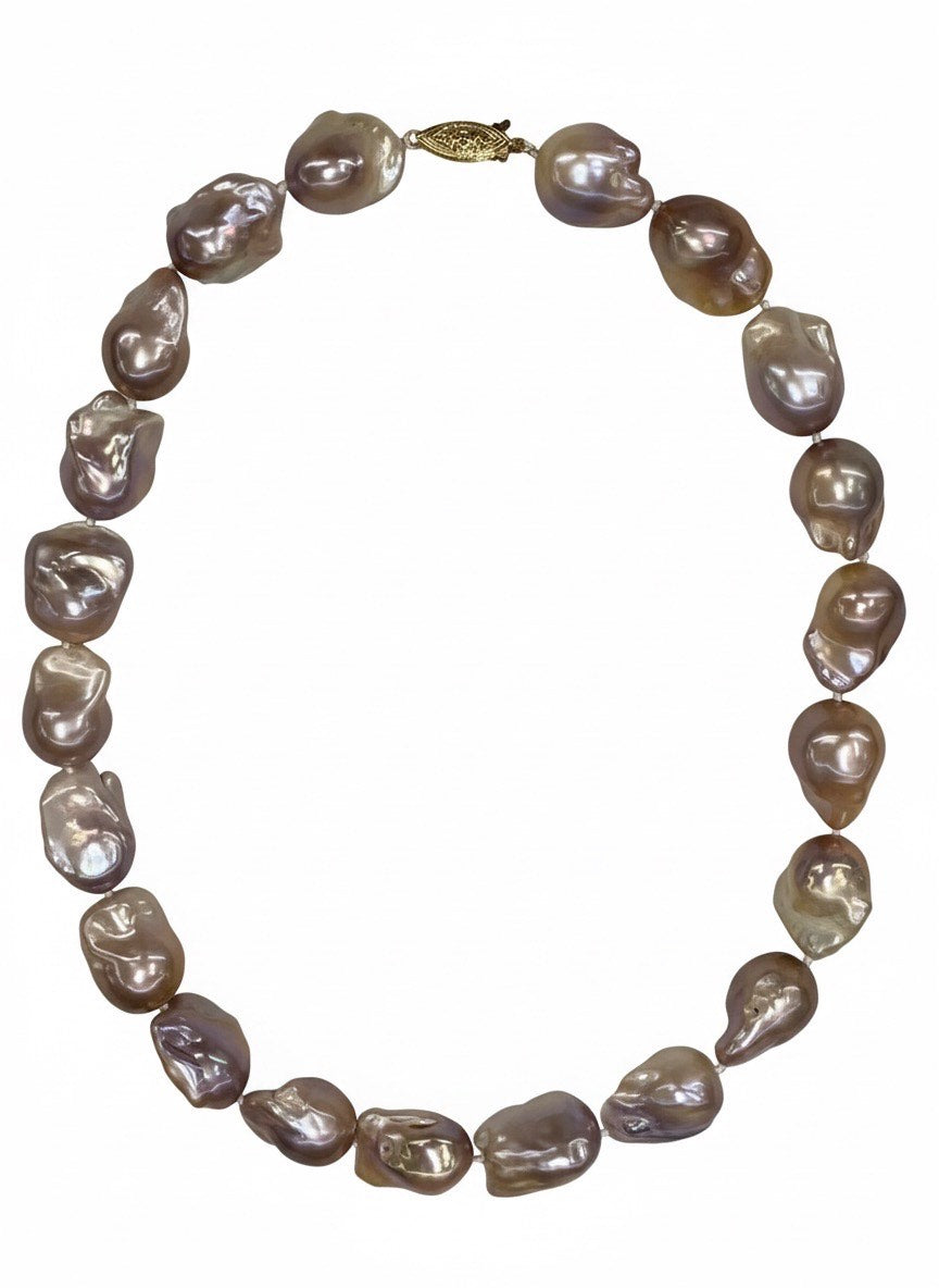 14K Yellow Gold "AAA"  Pink/Purple Baroque Pearl Necklace