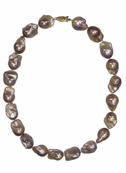 14K Yellow Gold "AAA"  Pink/Purple Baroque Pearl Necklace