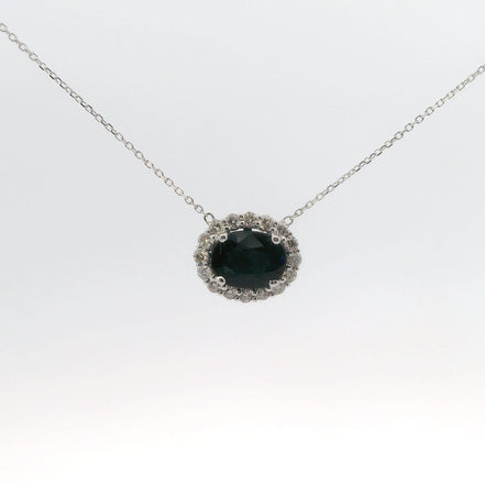 14K White Gold Sapphire and Diamond Oval Shaped East/West Pendant Necklace