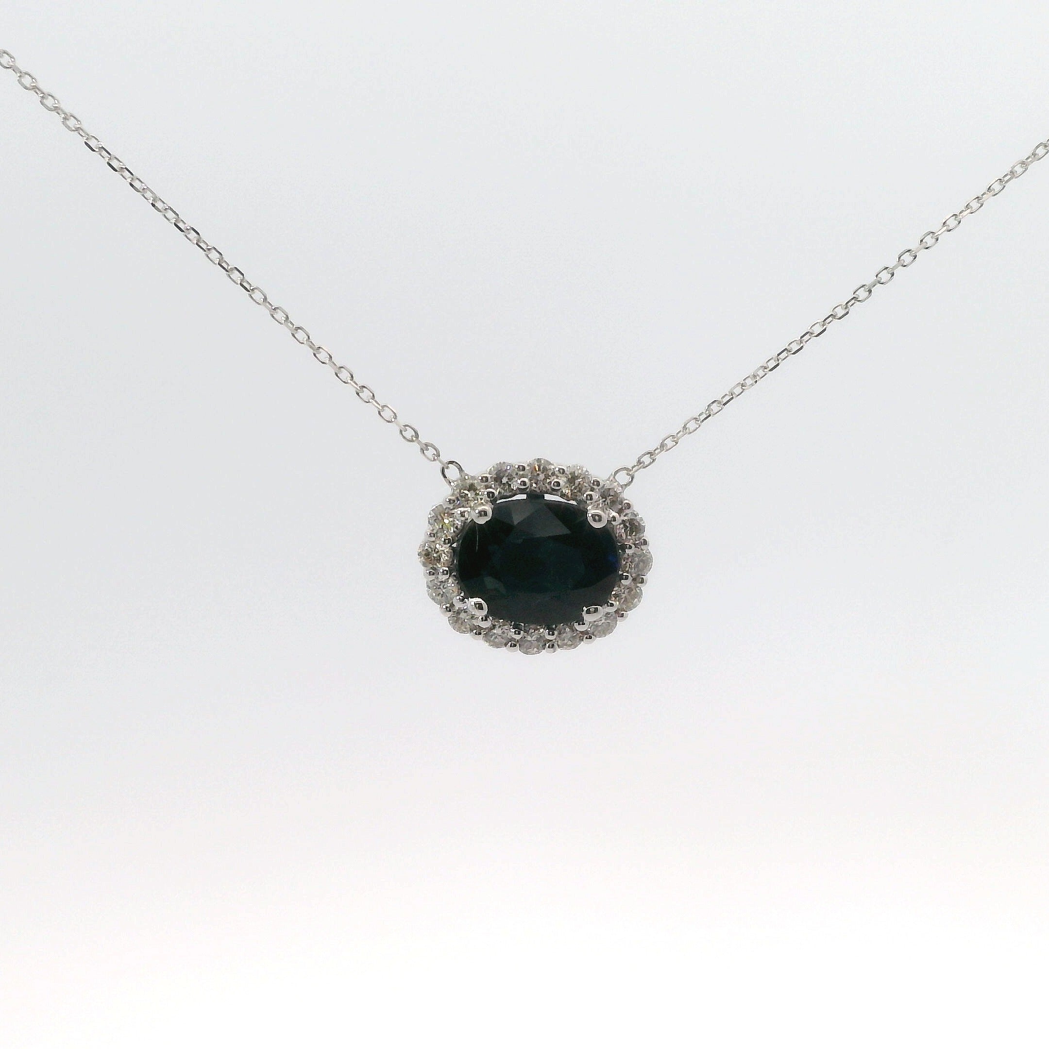 14K White Gold Sapphire and Diamond Oval Shaped East/West Pendant Necklace