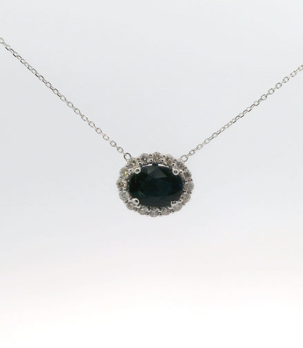14K White Gold Sapphire and Diamond Oval Shaped East/West Pendant Necklace