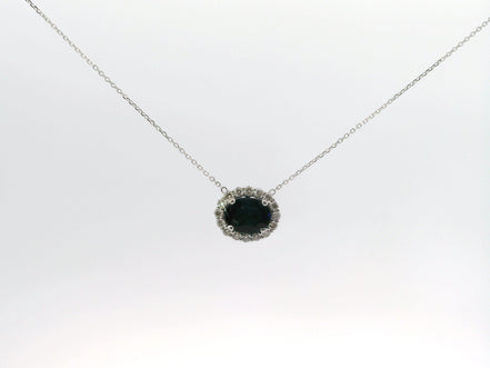 14K White Gold Sapphire and Diamond Oval Shaped East/West Pendant Necklace