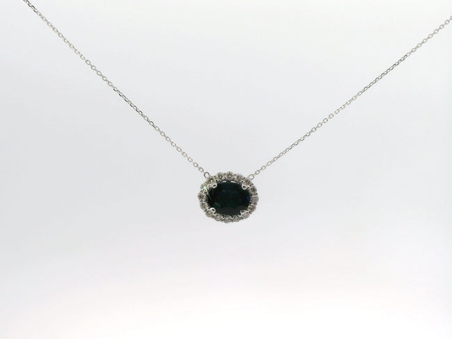 14K White Gold Sapphire and Diamond Oval Shaped East/West Pendant Necklace