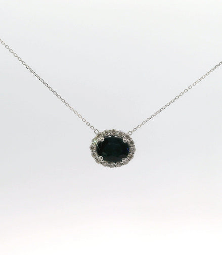 14K White Gold Sapphire and Diamond Oval Shaped East/West Pendant Necklace