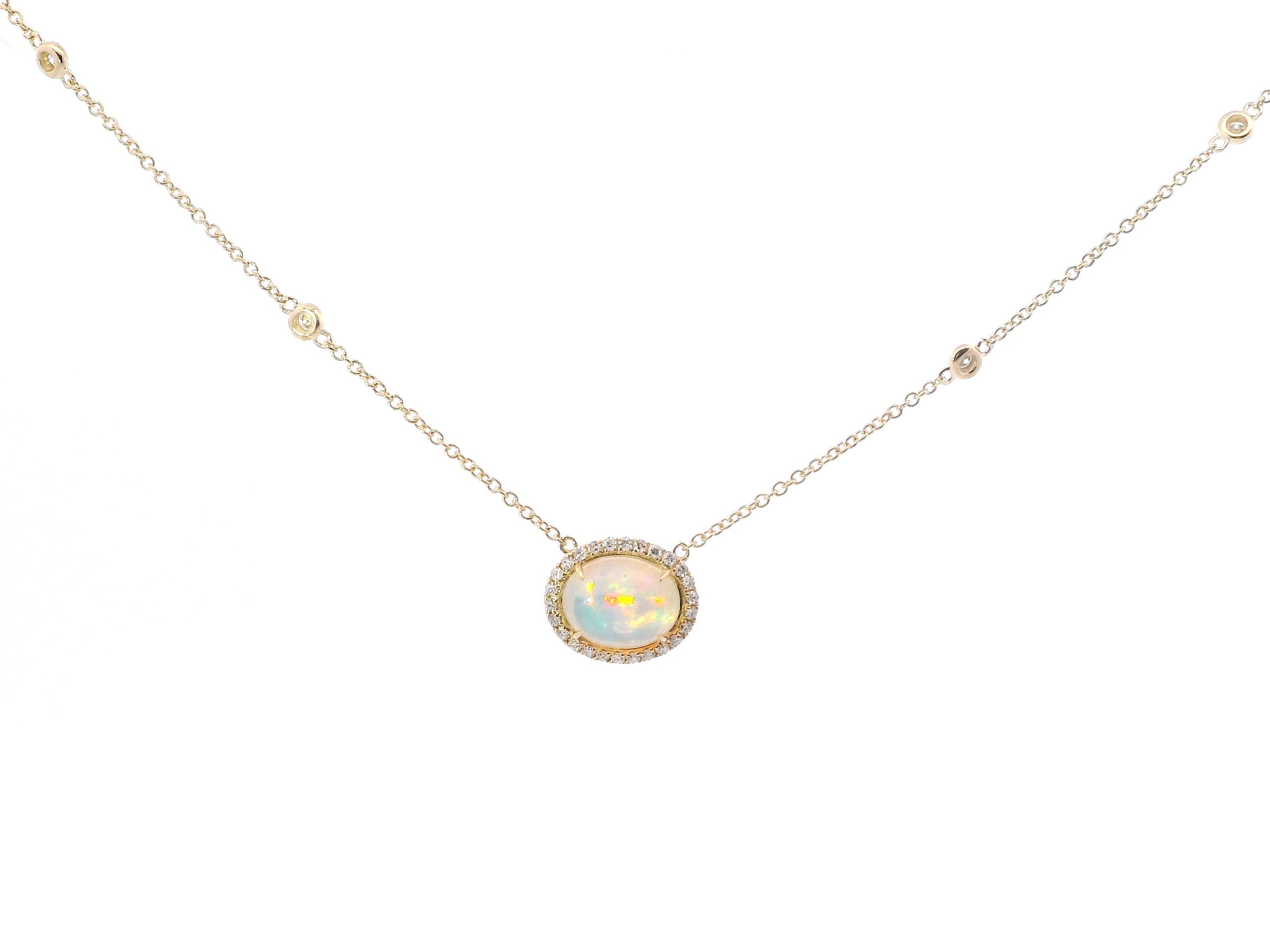 14K Yellow Gold Opal and Diamond Oval Shaped Pendant Necklace