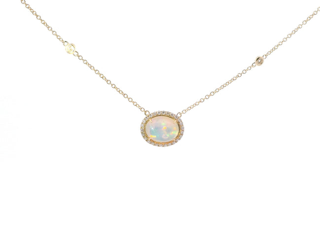 14K Yellow Gold Opal and Diamond Oval Shaped Pendant Necklace