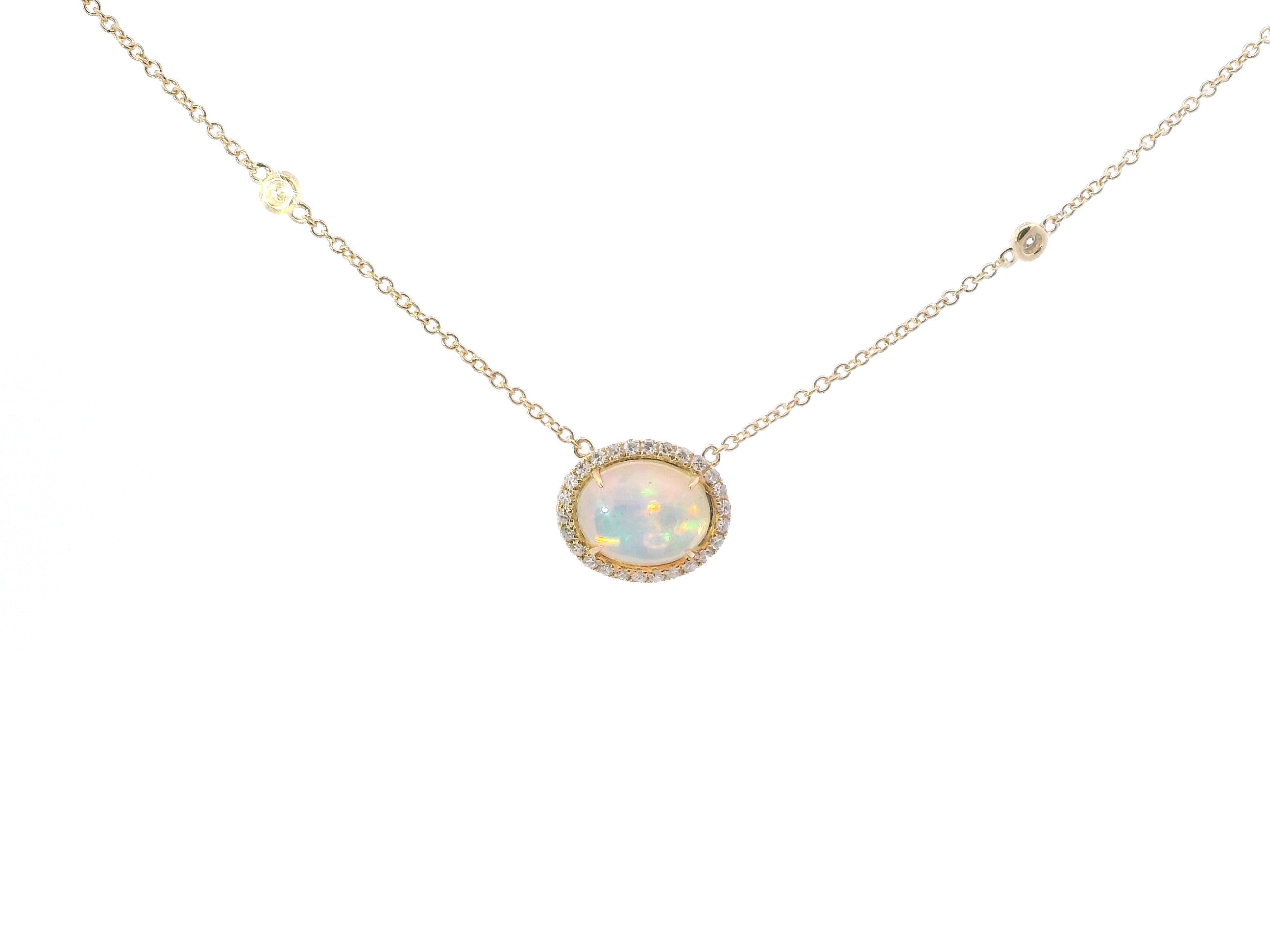 14K Yellow Gold Opal and Diamond Oval Shaped Pendant Necklace