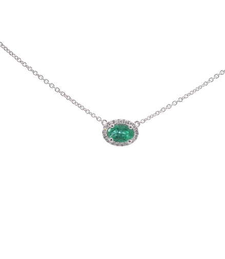 18K White Gold Emerald East/West Diamond Pendant Necklace