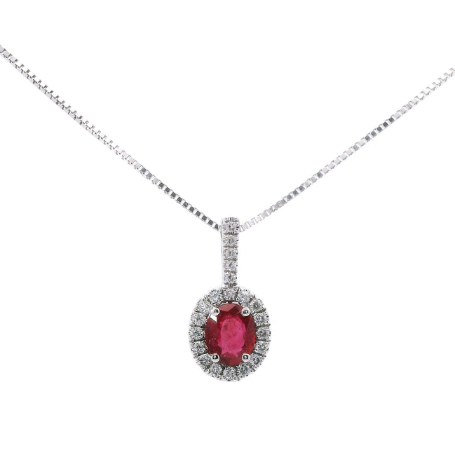 14K White Gold Ruby & Diamond Pendant Necklace