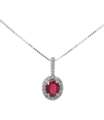 14K White Gold Ruby & Diamond Pendant Necklace