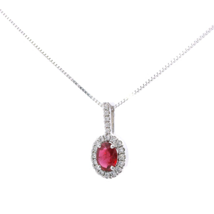 14K White Gold Ruby & Diamond Pendant Necklace
