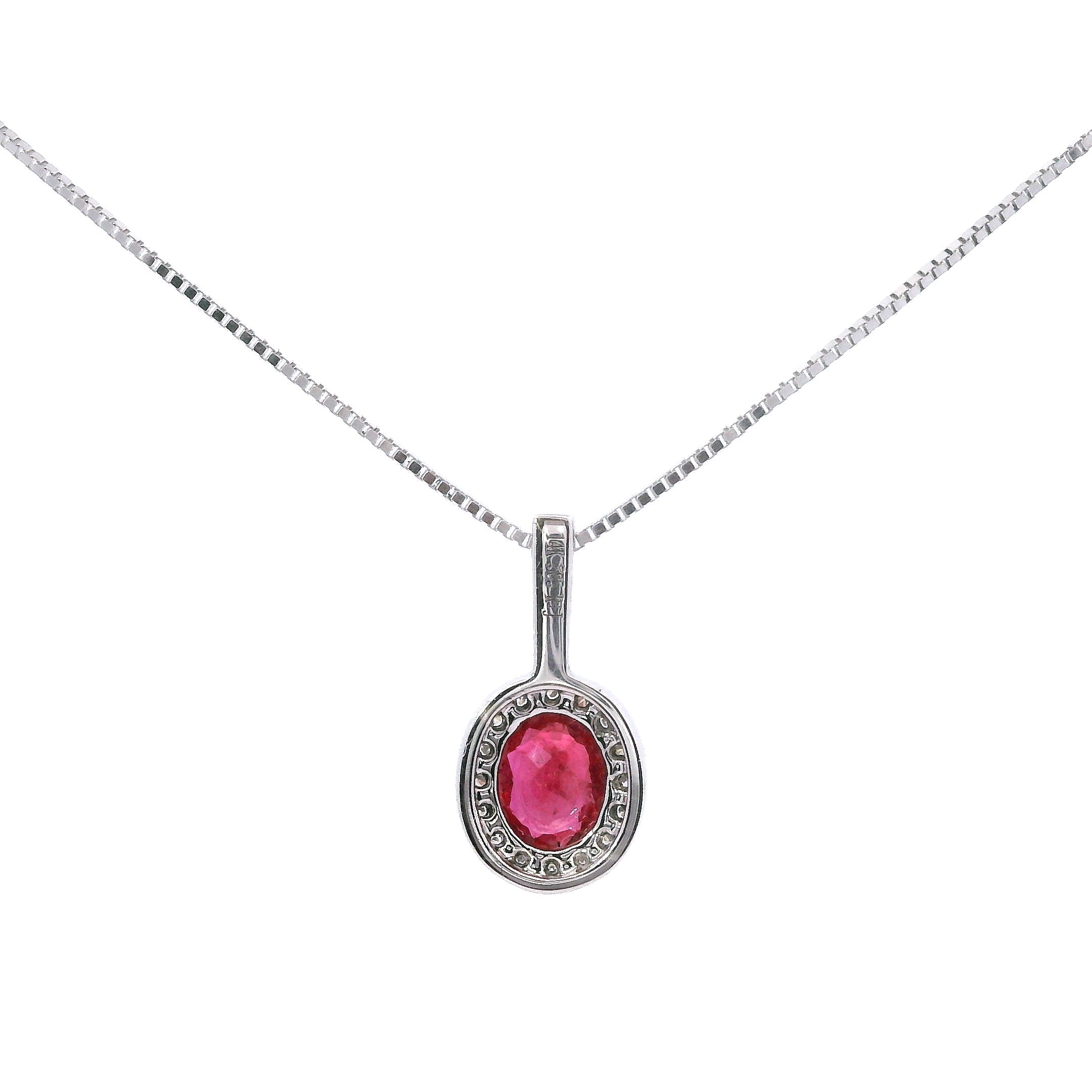 14K White Gold Ruby & Diamond Pendant Necklace