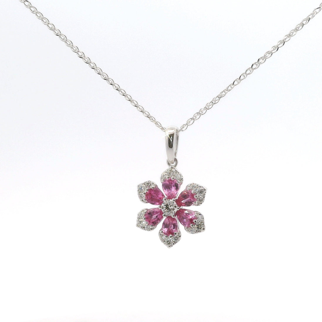 14K White Gold Diamond & Pink Sapphire Flower Shaped Pendant Necklace