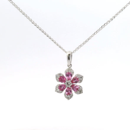 14K White Gold Diamond & Pink Sapphire Flower Shaped Pendant Necklace