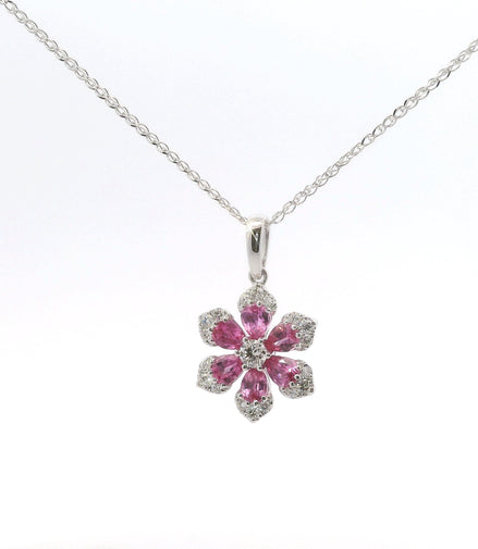 14K White Gold Diamond & Pink Sapphire Flower Shaped Pendant Necklace