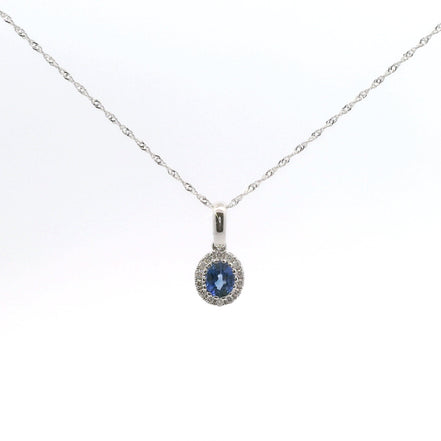 14K White Gold Diamond & Sapphire Oval Shaped Pendant Necklace 18"